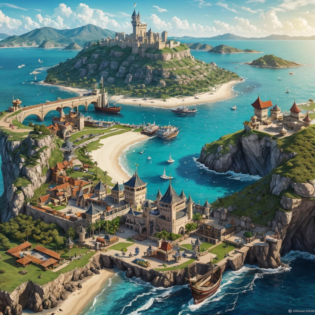 The Merrin Kingdom is a unique empire that spans across both the sea and land. It boasts an impressive castle and palace area constructed of sandstone, wood, and gemstones. The Kingdom is known for its huge ship building industry, and huge ship dock. The kingdom is built half on land, and half in the sea. It is a medieval and fantasy palace. This is a pirate kingdom. There are lots of pirates. The villages in this kingdom are built very close together. There are sandstone pathways in this large, expansive kingdom. This is a slightly poor kingdom due to the vast amount of pirates. Ships are docked as far as the eye can see. The palace is on land but the rest of the empire leads into the salty sea. There are a lot of palm trees everywhere. The streets in this kingdom are always lit up with stringed lights and dancing. This is a party filled kingdom. The docks in this kingdom are wooden and are everywhere. The ship dogs are made of wood, and any pathway that leave that to sea is always made of wood.