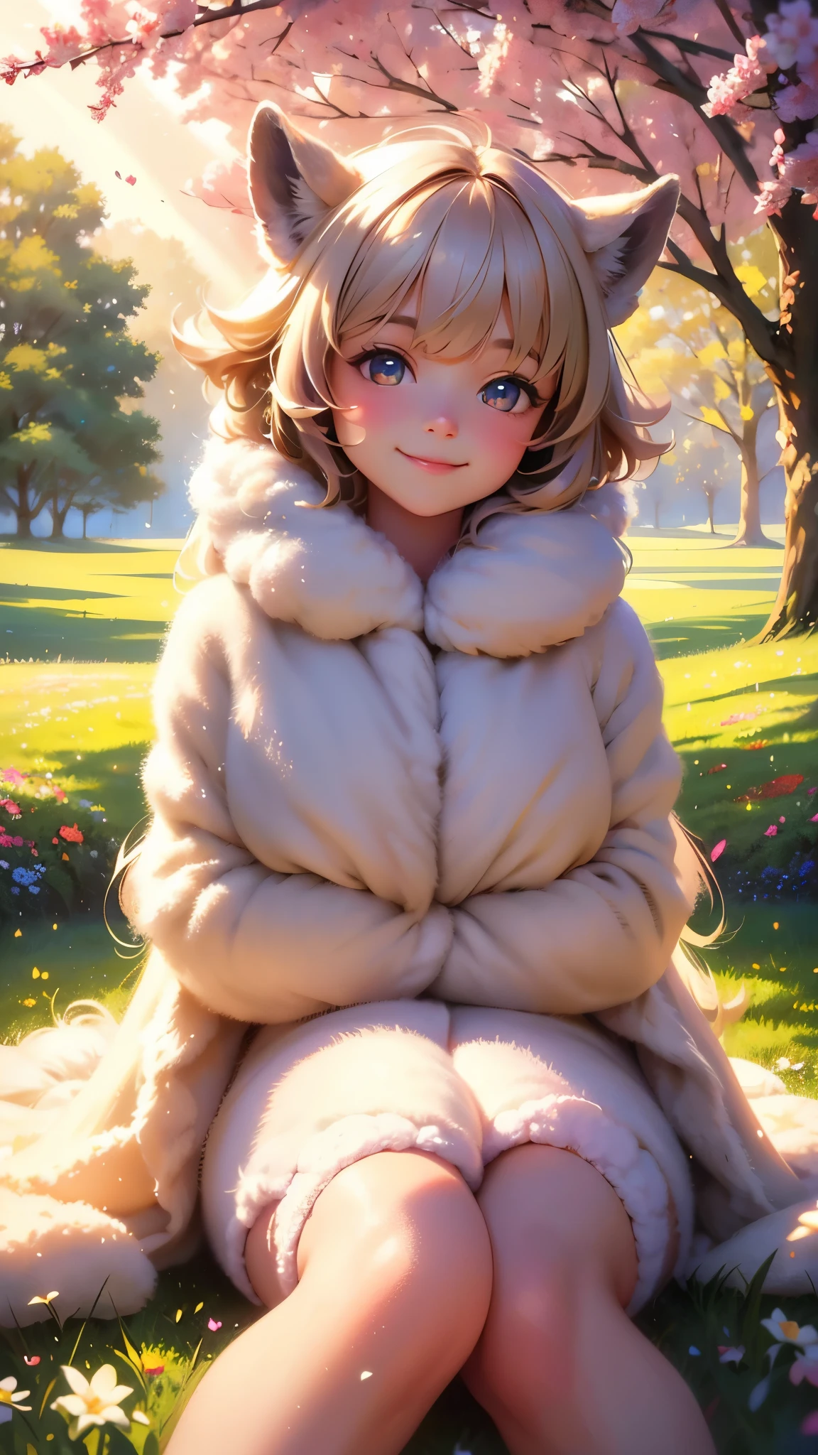 (best quality, highres, ultra-detailed), cute alpaca, soft fur, fluffy appearance, adorable eyes, playful expression, gentle smile, vibrant colors, realistic rendering, beautiful landscape, sunlight filtering through the trees, lush grassy fields, blooming flowers in the background, peaceful ambiance, warm and inviting atmosphere, artistic painting style, pastel color palette, delicate brushstrokes, natural lighting, cozy setting, joyful mood