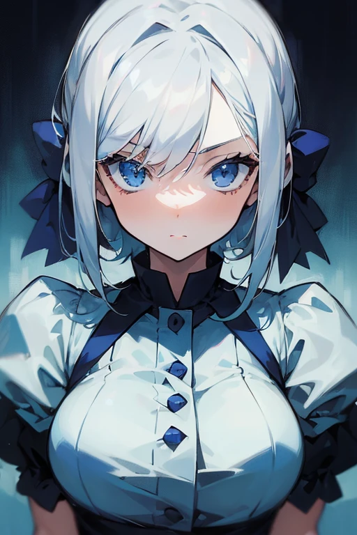 (Low Saturation:1.5),anime,1girl,pov,masterpiece,high quality,High resolution,HD,4K,8K,upperbody,viscous paint,white hair,Blue Nurse