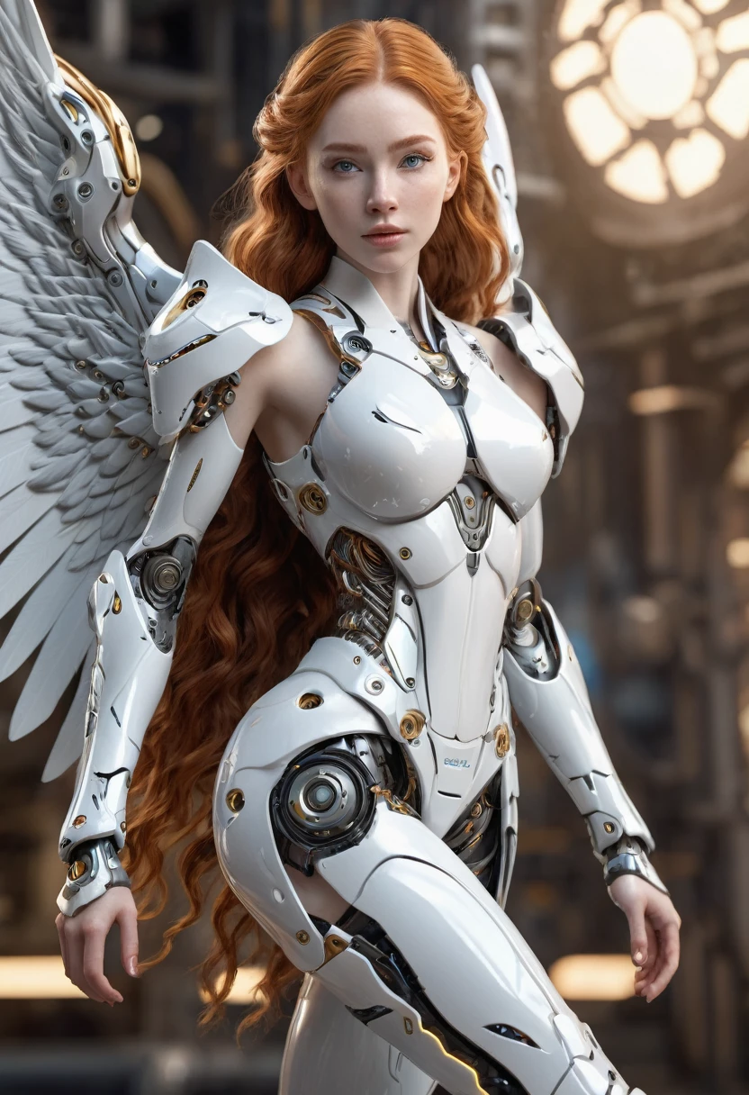 18 year old angelic female, complete body, Caucasian skin, short,  body, biomechanical body, bio mechanical arm's, curved lips, long ginger hair, bio mechanical legs, battle Valhalla background,  ultra detailed lighting, larg anglic wings,  ultrarealistic, 8k, 