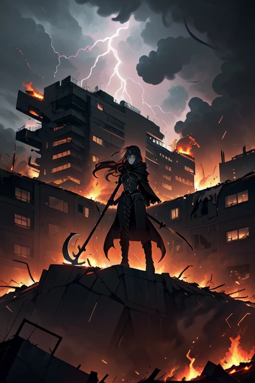 (a person is standing on top of a hill, overlooking a burning city in the midst of a thunderstorm,a person looks out over a burning city from the top of a hill,as a thunderstorm rages overhead. A skeletal figure wielding a scythe descends from the sky,riding on a tank, a death god descends from the sky on a tank, wielding a scythe, as lightning crackles and the city burns below.)
(highres,HDR,photorealistic:1.2),ultra-detailed, (Vivid colors, intense contrast), (stormy, dark, sinister atmosphere), storm clouds loom overhead, casting dramatic shadows on the scene. (The thunderstorm intensifies, with bolts of lightning illuminating the sky), the lightning provides a stark, otherworldly illumination to the scene, adding to the dramatic effect. The rain pours down in sheets, drenching the burning city below and causing the flames to flicker and dance. The city is engulfed in chaos and destruction, with buildings collapsing, fires raging, and smoke billowing into the sky. The air is thick with ash and the smell of burning debris.)
(The person standing on the hill is filled with awe and despair as they witness the devastation before them. Their face is filled with a mixture of horror, sorrow, and determination. Dressed in tattered clothing, they grip the edge of the hill tightly with one hand, as if seeking support. The wind whips through their hair and clothes, adding to the sense of movement and dynamic energy in the scene. Their eyes are wide with fear and anticipation, as they anxiously wait for the arrival of the death god.)
(The death god is a menacing figure, shrouded in darkness. Their skeletal form is visible through the tattered remnants of a cloak, which billows in the wind as they descend from the sky. They hold a gleaming scythe in one hand, a symbol of impending doom. The tank they ride on is a massive, formidable machine, covered in dark armor and adorned with eerie, glowing symbols. The tank's treads grind against the ground as it lands, creating a sense o