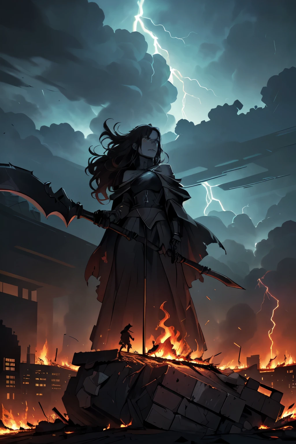 (a person is standing on top of a hill, overlooking a burning city in the midst of a thunderstorm,a person looks out over a burning city from the top of a hill,as a thunderstorm rages overhead. A skeletal figure wielding a scythe descends from the sky,riding on a tank, a death god descends from the sky on a tank, wielding a scythe, as lightning crackles and the city burns below.)
(highres,HDR,photorealistic:1.2),ultra-detailed, (Vivid colors, intense contrast), (stormy, dark, sinister atmosphere), storm clouds loom overhead, casting dramatic shadows on the scene. (The thunderstorm intensifies, with bolts of lightning illuminating the sky), the lightning provides a stark, otherworldly illumination to the scene, adding to the dramatic effect. The rain pours down in sheets, drenching the burning city below and causing the flames to flicker and dance. The city is engulfed in chaos and destruction, with buildings collapsing, fires raging, and smoke billowing into the sky. The air is thick with ash and the smell of burning debris.)
(The person standing on the hill is filled with awe and despair as they witness the devastation before them. Their face is filled with a mixture of horror, sorrow, and determination. Dressed in tattered clothing, they grip the edge of the hill tightly with one hand, as if seeking support. The wind whips through their hair and clothes, adding to the sense of movement and dynamic energy in the scene. Their eyes are wide with fear and anticipation, as they anxiously wait for the arrival of the death god.)
(The death god is a menacing figure, shrouded in darkness. Their skeletal form is visible through the tattered remnants of a cloak, which billows in the wind as they descend from the sky. They hold a gleaming scythe in one hand, a symbol of impending doom. The tank they ride on is a massive, formidable machine, covered in dark armor and adorned with eerie, glowing symbols. The tank's treads grind against the ground as it lands, creating a sense o