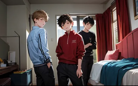 There are two boys, one sitting on the bed and the other standing, they are 16 years old.