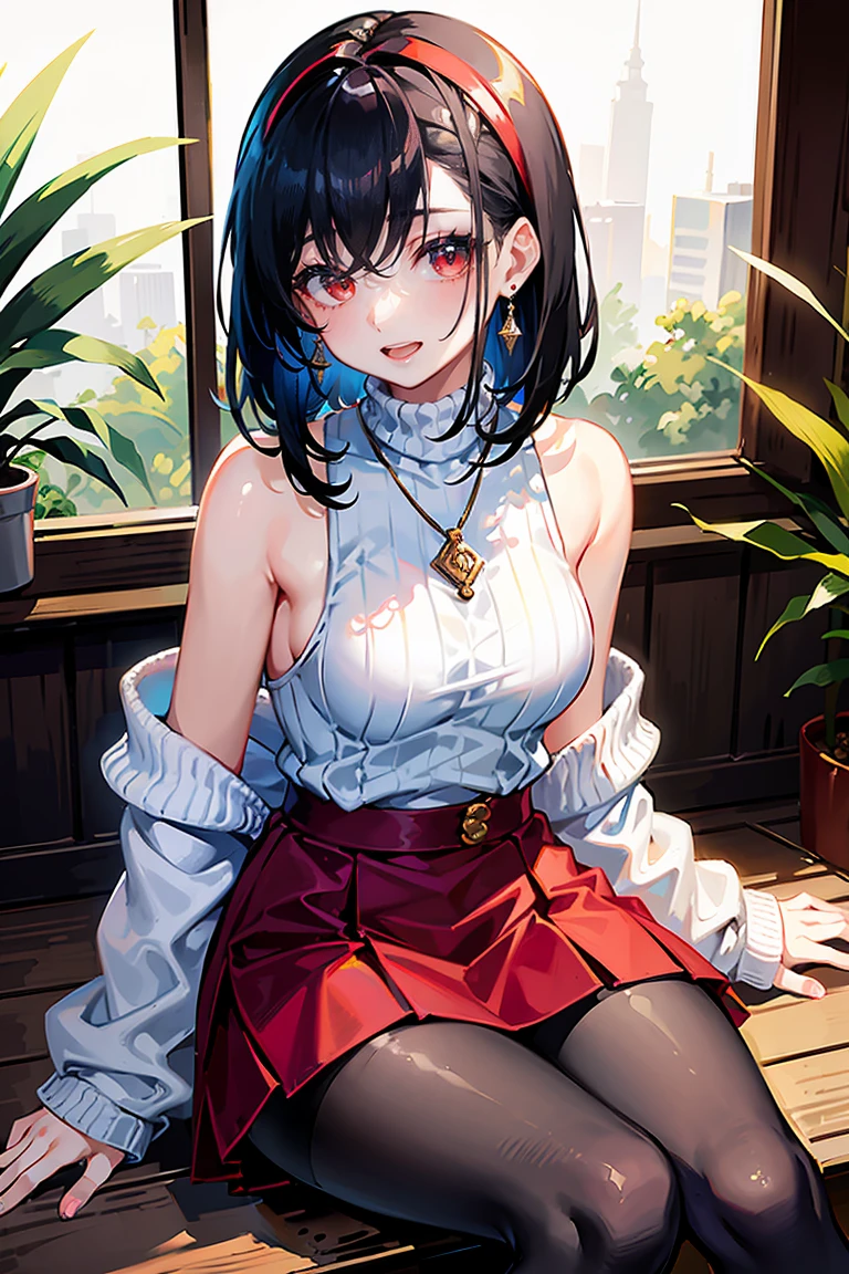 masterpiece, your, 1 Girl, Solitary, Looking at the audience, open mouth, Black Hair, Red Eyes, skirt, 裸Off-shoulder膀, jewelry, clavicle, Side lock, Headbands, earrings, indoors, Off-shoulder, sweater,Black pantyhose,Put your hands behind your back, plant, short hair long hair, white Headbands, off-shoulder skirt,(sweater skirt),off-shoulder sweater,(red sweater), Large lateral hair, very long side hair,Smile,Black pantyhose,(sitting)