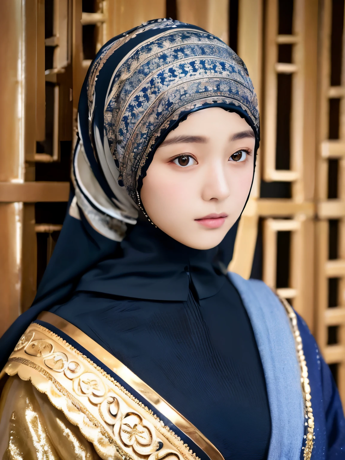 Half body photograph of 17 years old Indonesian girl, wearing hijab, realistic, highest quality, RAW photo, 1 girl, alone, hijab girl, detailed face, fascinating face, Black shirt with collar, medium breasts, standup pose, looking at the viewer, detailed background, Detailed, intricate details, ray tracing, Depth of bounds written, low key,