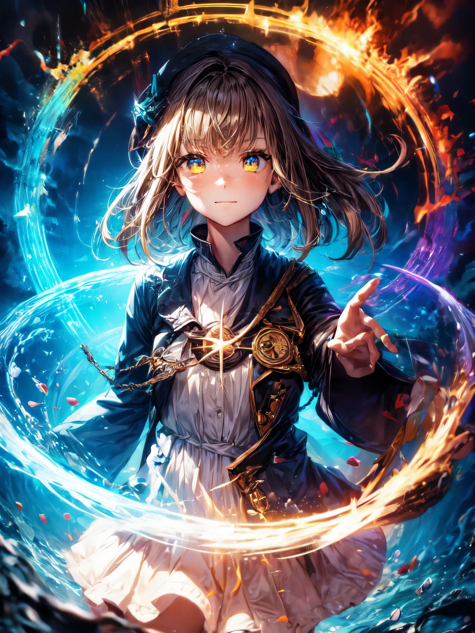 1 Girl,portrait,Rainbow magic circle,All magic circles, water, fire, electricity, soil, wood, Light, dark, time, space, All great magicians,16 years old,Determination,faint smile,