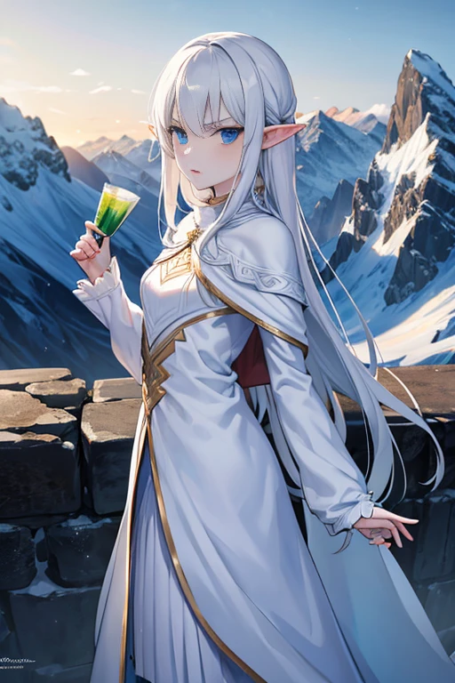 Pale skin, sophisticated, elf, winter armor, glaring at viewer, mountain ruins,