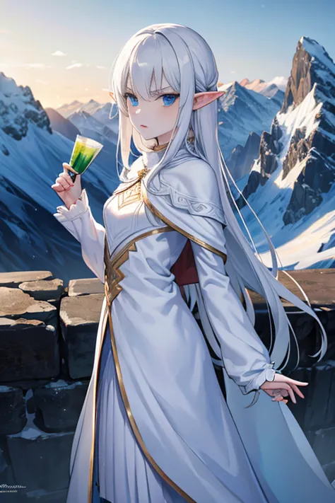 pale skin, sophisticated, elf, winter armor, glaring at viewer, mountain ruins,