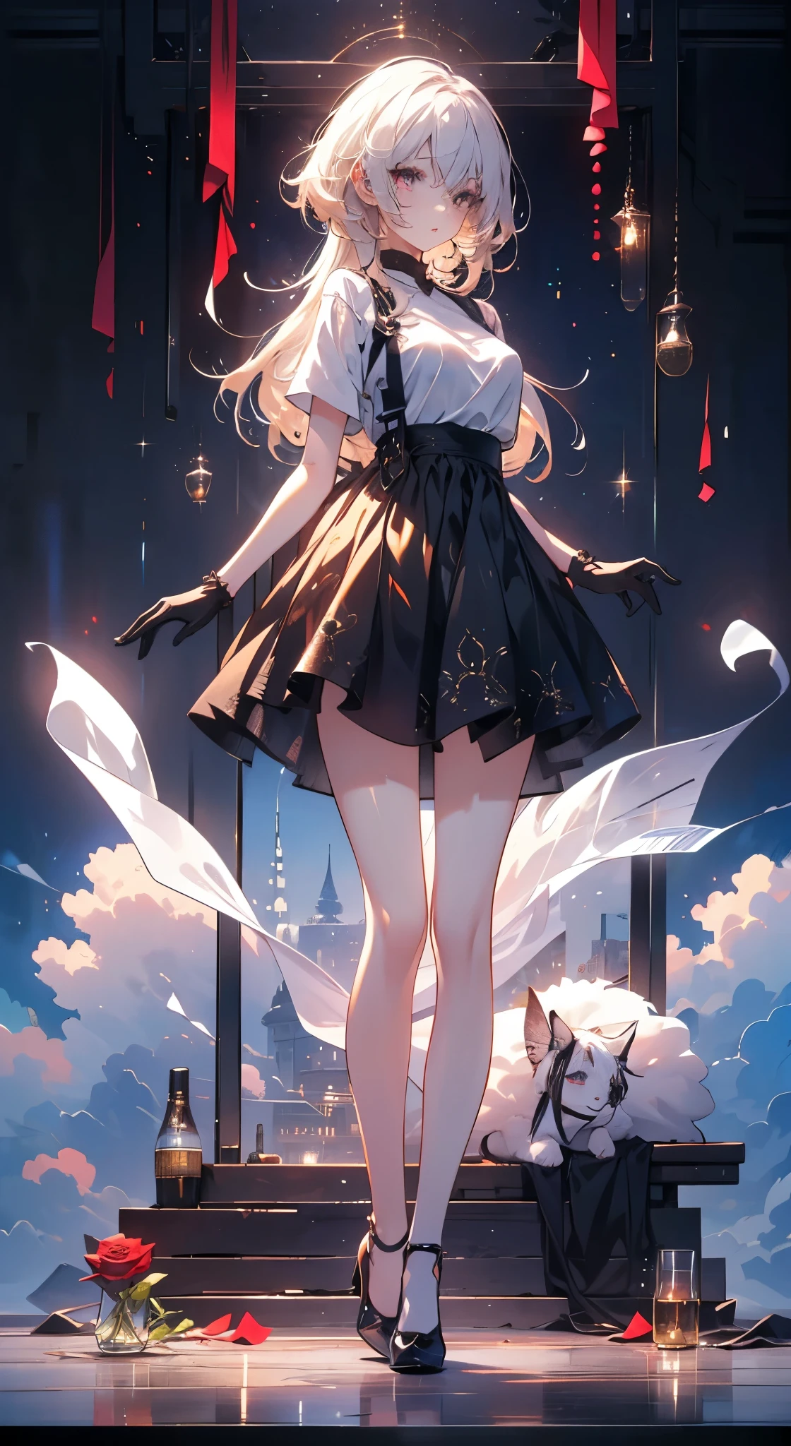 A girl，sheep&#39;horn, Rich colors, Long white hair, Red眼睛 ，Eyeliner, black transparent clothes, Red, open air, Rose, night, ruins, Butterfly，mine same as the original, mine, , (:1.2) rest, (Black long skirt), (View from below), (Put your arms behind your back), (wild lift), Thin dress,, 最good quality, High resolution, Unity 8K Wallpaper, (illustration:0.8), (Beautiful and delicate eyes:1.6), extremely detailed face, Perfect lighting, Very detailed CG, (Perfect hands, Perfect anatomical structure),，blond，red lips，Acting cute，Long hair，High heel，good quality, absurd, Super detailed, holographic,, Dynamic poses, Golden Ratio, 超级Lovely女孩, Mature girl, extremely beautiful,，With super beautiful purple eyes, Super beautiful white hair, Glowing skin,, Good and harmonious , Slender and delicate figure, Perfect body, (Wearing a short white top,) Lovely，Full body shot，Long hair，shoes，Black skirt, Short sleeve，neat hair, Black gloves,,Fade the background,Full body photo of the individual,cartoon，t-shirt，Eyes with highlights，Leg ring，Long hair到腰的位置