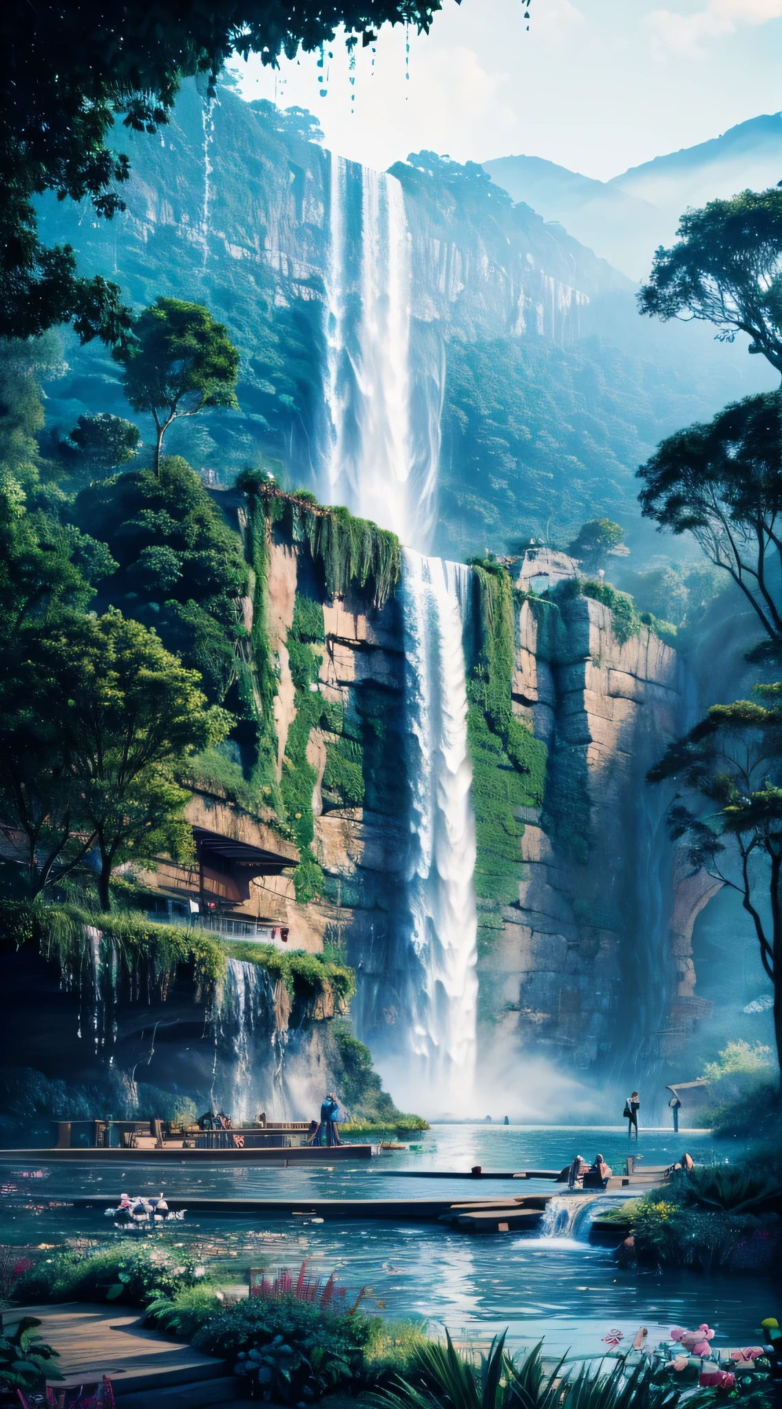 painting of a waterfall and a waterfall with a waterfall in the background, floating waterfalls, multiple waterfalls, high waterfalls, several waterfalls, waterfall(beautiful, beautiful stunning waterfall, beautiful art uhd 4 k, waterfalls, cascading waterfalls, beautiful digital painting, beautiful waterfall, an endless waterfall, stunning waterfall, immense waterfall, very beautiful digital art, detailed painting 4 k