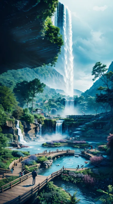painting of a waterfall and a waterfall with a waterfall in the background, floating waterfalls, multiple waterfalls, high water...
