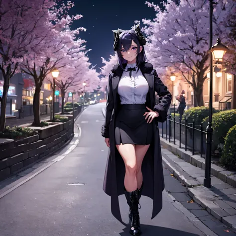 woman wearing dark violet fur coat, white shirt, black skirt, dark purple hair, purple eyes, cold boots, walking in a park at ni...