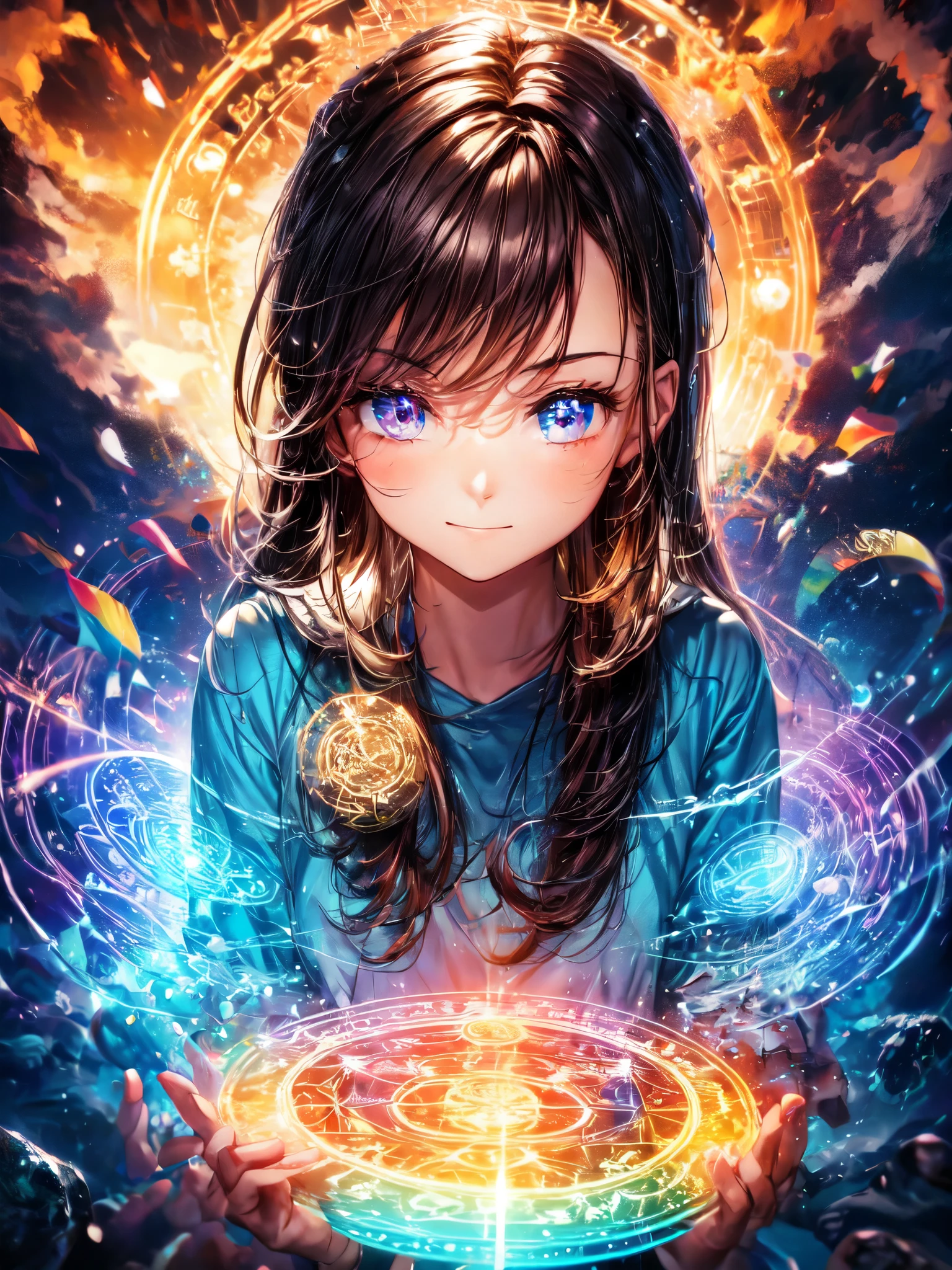 1 Girl,portrait,Rainbow magic circle,All magic circles, water, fire, electricity, soil, wood, Light, dark, time, space, All great magicians,16 years old,Determination,faint smile,