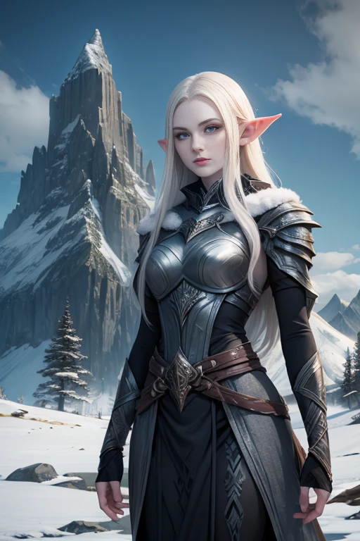 Pale skin, sophisticated, elf, winter armor, glaring at viewer, mountain ruins,