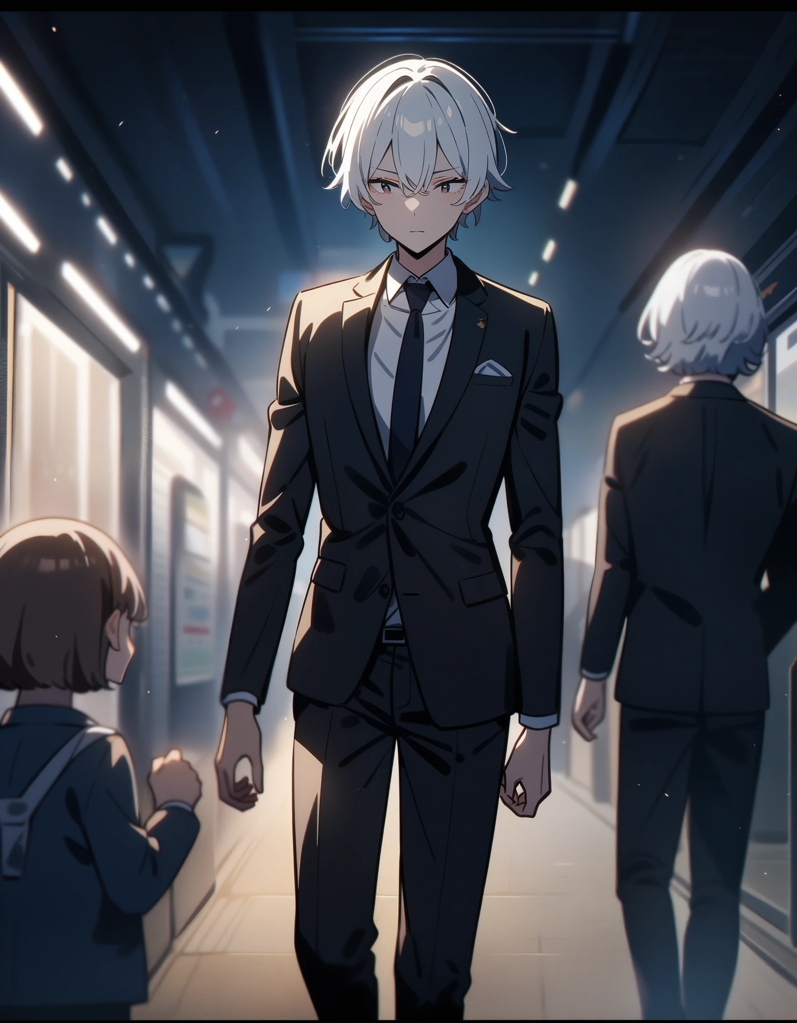 Anime character in a suit and tie walking down a hallway - SeaArt AI