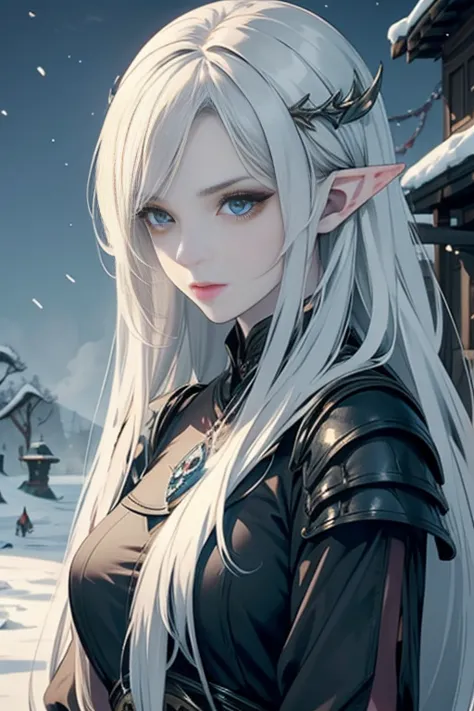 Pale skin, sophisticated, elf, winter armor, glaring at viewer, destroyed village,