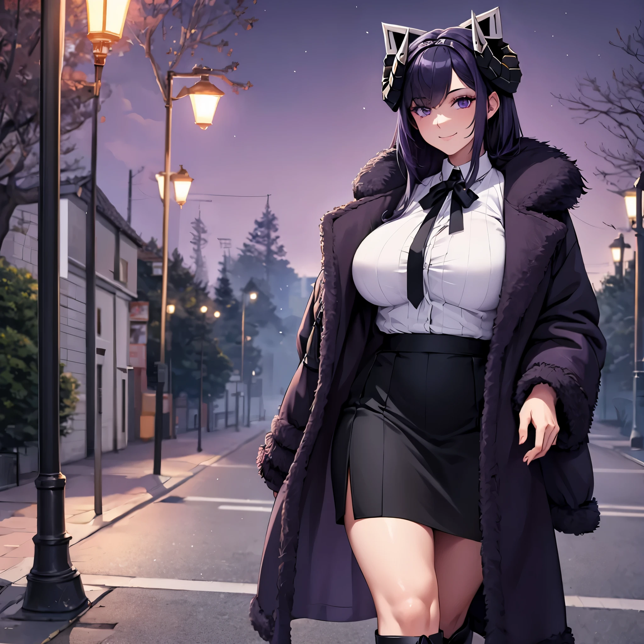 Woman wearing dark violet fur coat, white shirt, black skirt, dark purple hair, purple eyes, cold boots, walking in a park at night, with street lights. trees, overlooking a city, smiling, big breasts, horns,,HDR, ultra resolution, well defined, masterpiece, 8K HD.  (solo woman)
