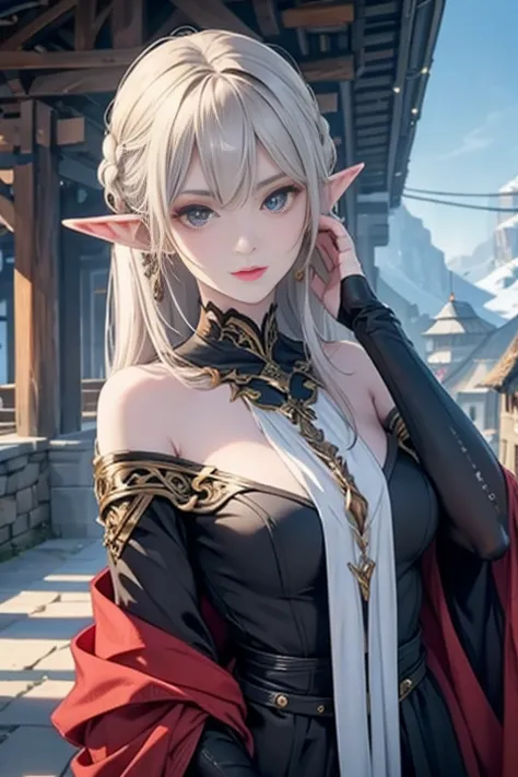 Pale skin, sophisticated, sexy supermodel, elf, winter armor, glaring at viewer, destroyed village,
