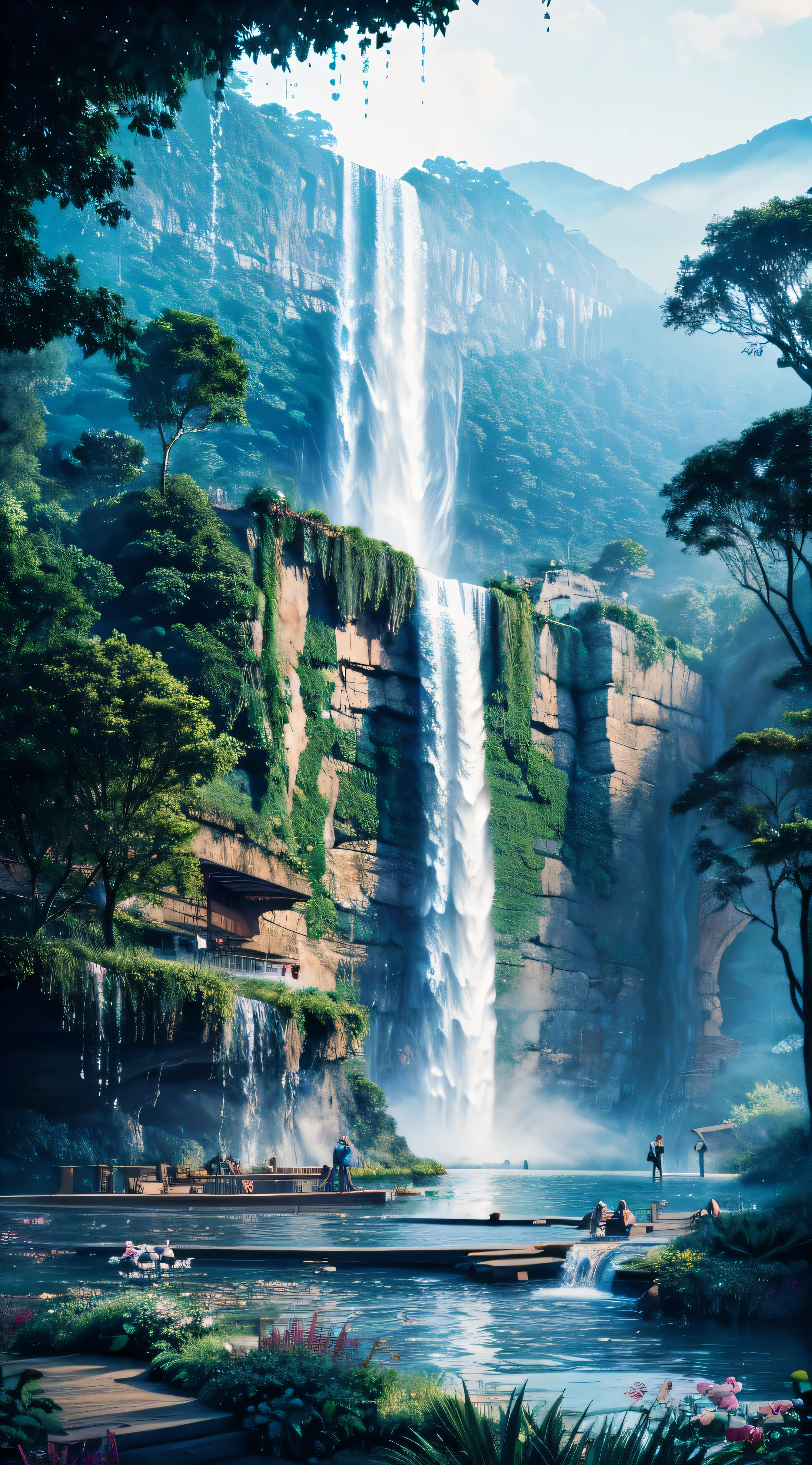 painting of a waterfall and a waterfall with a waterfall in the background, floating waterfalls, multiple waterfalls, high waterfalls, several waterfalls, waterfall(beautiful, beautiful stunning waterfall, beautiful art uhd 4 k, waterfalls, cascading waterfalls, beautiful digital painting, beautiful waterfall, an endless waterfall, stunning waterfall, immense waterfall, very beautiful digital art, detailed painting 4 k