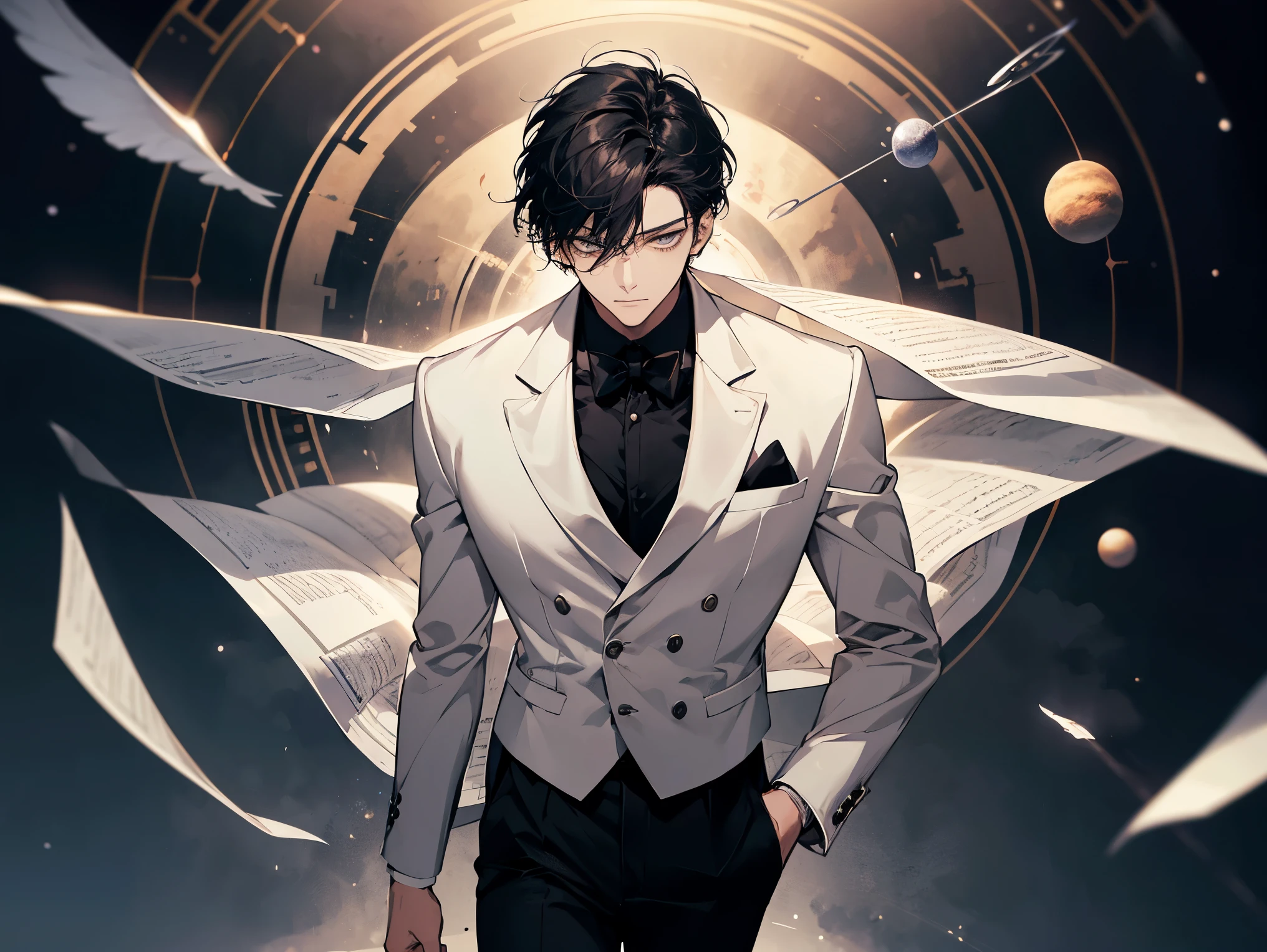 1 man, teacher, wearing white suit, rolled up sleeves, black long pants, black hair, short hair, face to detail, detailed eyes, grey eyes, with no expression, black tie, the background is the solar system, Flying pages