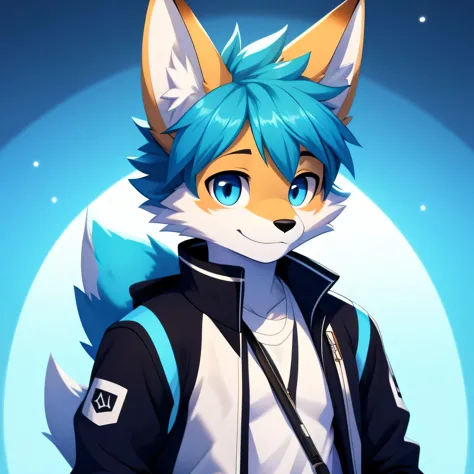 SFW furry fox color blue and white with a black tuft on the top of his head, wearing a jacket. For pose he is holding a pencil w...