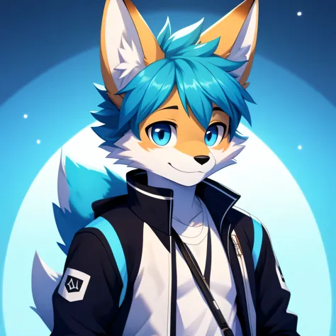 sfw furry fox color blue and white with a black tuft on the top of his head, wearing a jacket. for pose he is holding a pencil w...