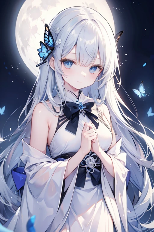 32k, perfect body, cute, sweet smile, cute dress, long hair, silver hair, black dress, ((black butterfly)), ((blue butterfly hair ornament)), ((blue butterfly shaped brooch )), ((white butterfly dress)), (((good quality))), ((white kimono), ((white Japanese dress)), , ((full moon)),