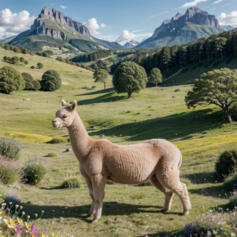 (ultra-detailed, realistic:1.37),Alpaca with long and soft wool,peacefully grazing in a vibrant green meadow,surrounded by bloom...
