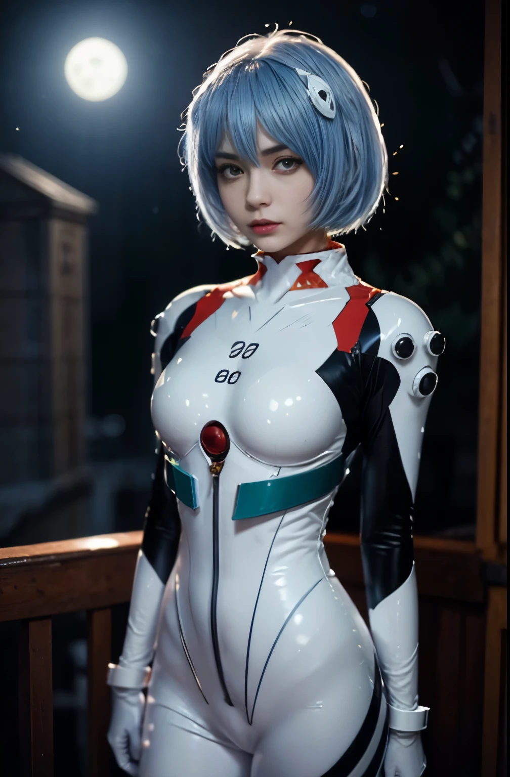 (beste Qualität, Meisterwerk, bunt, dynamischer Winkel, highest ausführlich)(\Rei Ayanami\), Oberkörperfoto, Modefotografie eines süßen Mädchens (\Rei Ayanami\), rote Augen, dressing high ausführlich Evangelion white suit (hochauflösende Texturen), in dynamischer Pose, bokeh, (komplizierte Details, hyperausführlich:1.15), ausführlich, Mondlicht fällt durchs Haar, (Fantasiefarben-Hintergrund, offizielle Kunst, extreme ausführlich, highest ausführlich), HDR+