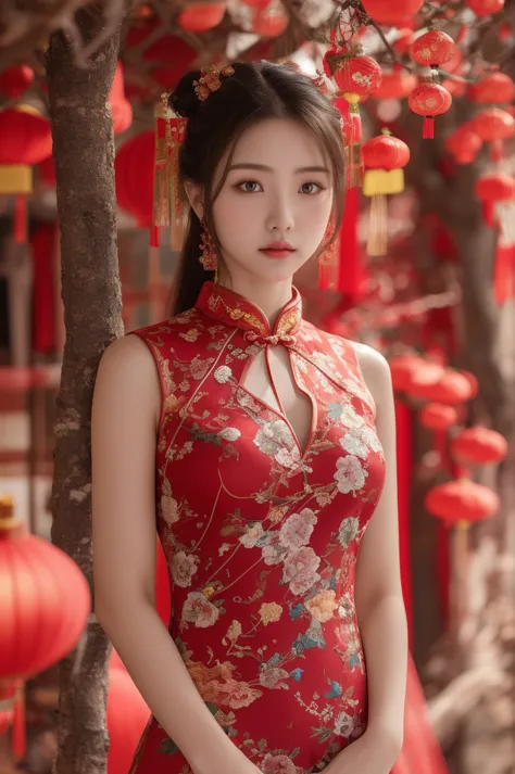 arafed woman in a red dress standing in front of a tree, cheongsam, vestido chino, vistiendo un cheongsam rojo, estilo chino, en...