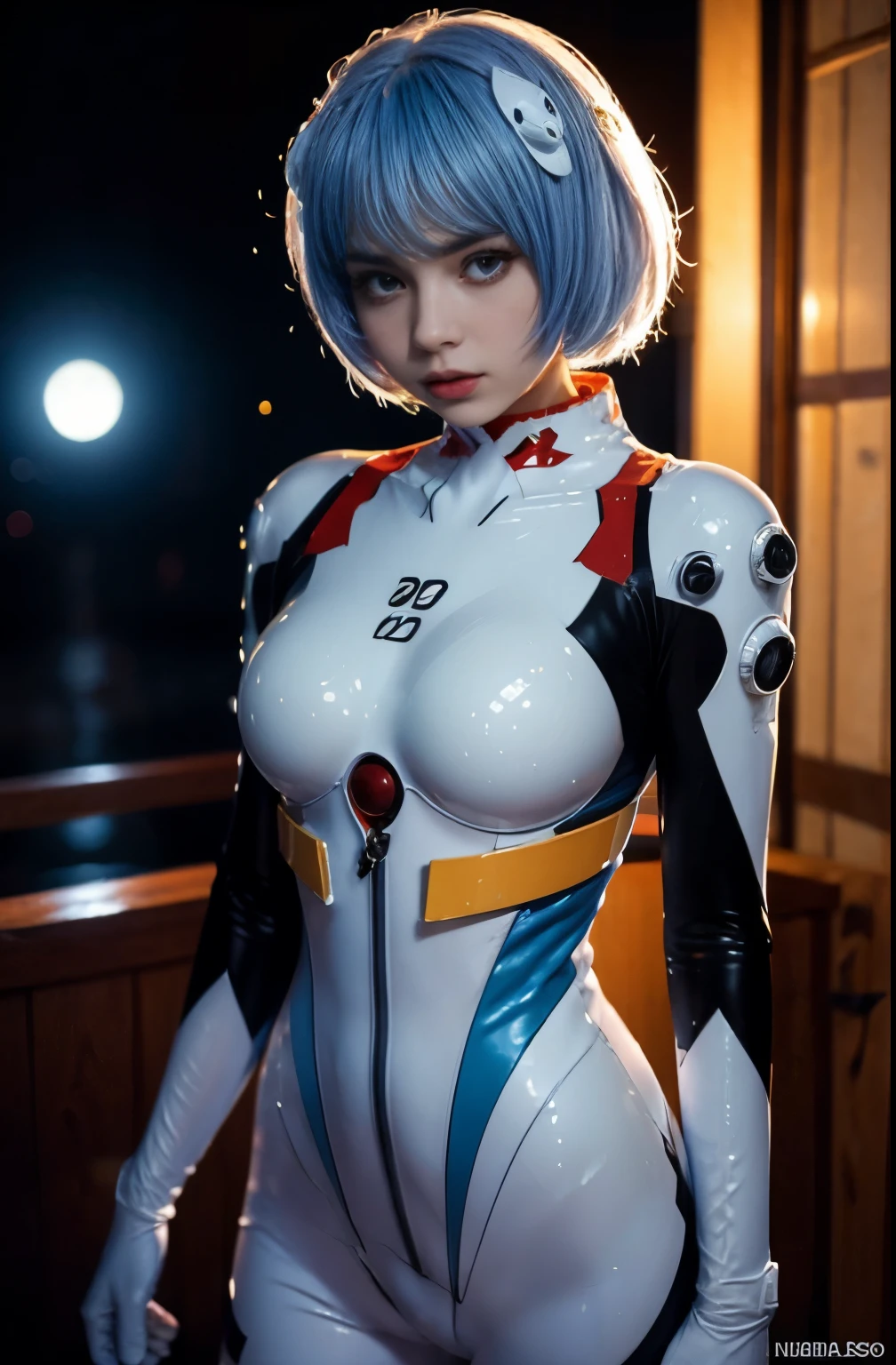 (mejor calidad, obra maestra, Vistoso, ángulo dinámico, highest detallado)(\rei ayanami\), Foto de la parte superior del cuerpo, fotografía de moda de linda chica (\rei ayanami\), ojos rojos, dressing high detallado Evangelion white suit (texturas de alta resolución), en pose dinámica, bokeh, (detalles intrincados, hyperdetallado:1.15), detallado, luz de la luna pasando por el cabello, (fondo de colores de fantasía, arte oficial, extreme detallado, highest detallado), hdr+