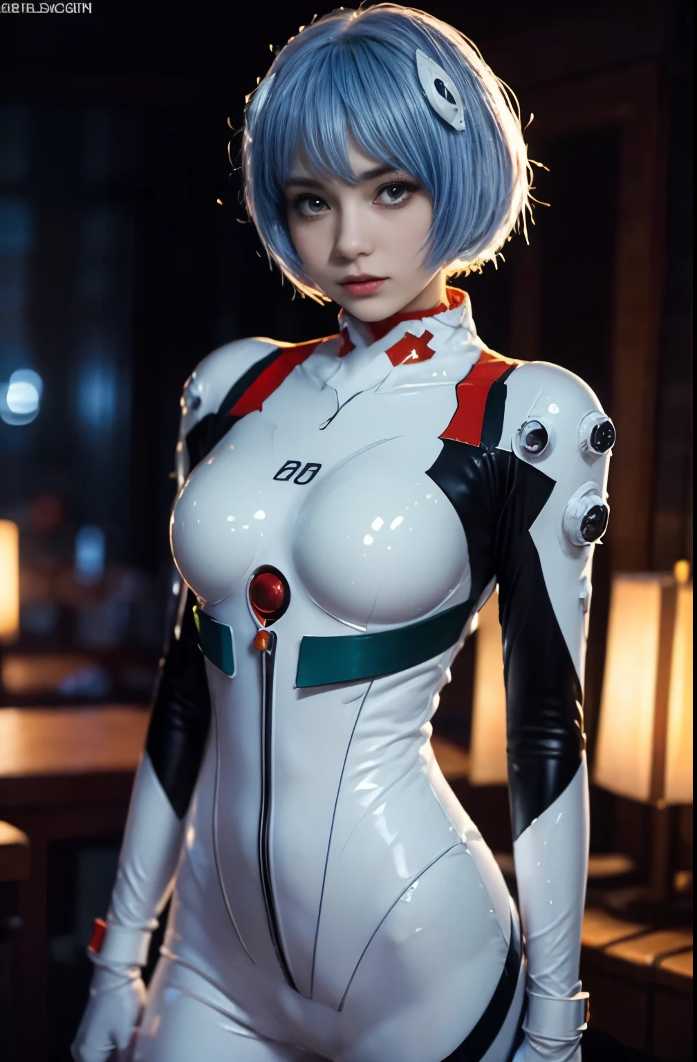 (Meilleure qualité, chef-d&#39;œuvre, Coloré, Angle dynamique, highest détaillé)(\rei ayanami\), Photo du haut du corps, photographie de mode d&#39;une jolie fille (\rei ayanami\), les yeux rouges, dressing high détaillé Evangelion white suit (textures haute résolution), en pose dynamique, bokeh, (détails complexes, hyperdétaillé:1.15), détaillé, le clair de lune traverse les cheveux, (fond de couleurs fantastiques, art officiel, extreme détaillé, highest détaillé), HDR+