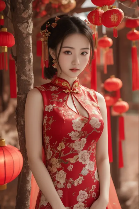 arafed woman in a red dress standing in front of a tree, cheongsam, vestido chino, vistiendo un cheongsam rojo, estilo chino, en...