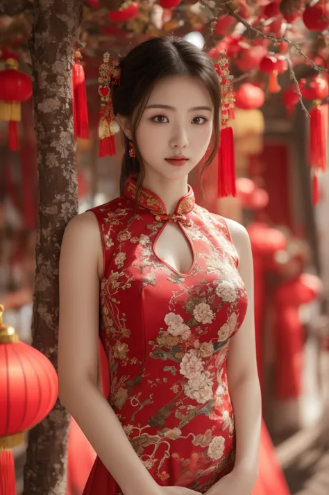 arafed woman in a red dress standing in front of a tree, cheongsam, vestido chino, vistiendo un cheongsam rojo, estilo chino, en...