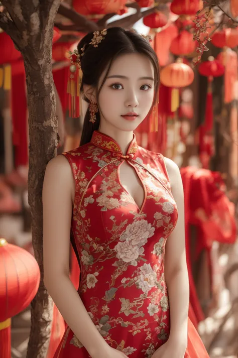 arafed woman in a red dress standing in front of a tree, cheongsam, vestido chino, vistiendo un cheongsam rojo, estilo chino, en...