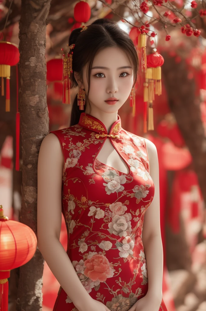 Arafed woman in a red dress standing in front of a tree, cheongsam, vestido chino, vistiendo un cheongsam rojo, Estilo chino, encaje rojo, traje chino, preciosa modelo china, Festival de fantasmas hambrientos, con ropa china antigua, mujer china, shaxi, Chinese girl, hermosa dama, chino tradicional, chino tradicional clothing, big breasts