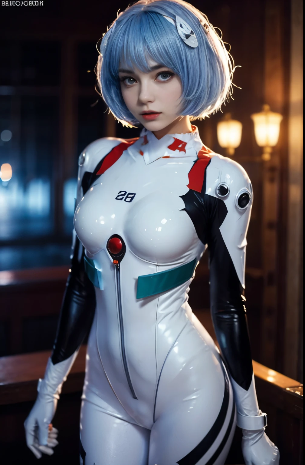 (beste Qualität, Meisterwerk, bunt, dynamischer Winkel, highest ausführlich)(\Rei Ayanami\), Oberkörperfoto, Modefotografie eines süßen Mädchens (\Rei Ayanami\), rote Augen, dressing high ausführlich Evangelion white suit (hochauflösende Texturen), in dynamischer Pose, bokeh, (komplizierte Details, hyperausführlich:1.15), ausführlich, Mondlicht fällt durchs Haar, (Fantasiefarben-Hintergrund, offizielle Kunst, extreme ausführlich, highest ausführlich), HDR+