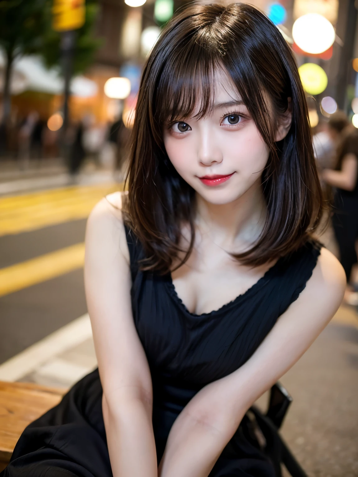 Tabletop, highest quality, shape, Very detailed, finely, High resolution, 8k wallpaper, 完璧なダイナミックな構shape, finelyて美しい目, Wearing a black dress,Medium Hair,Natural color lip, smile,Harajuku、Teenage Girl、cute、Looking at the camera、C Cup、brown hair、Blurred night new york background