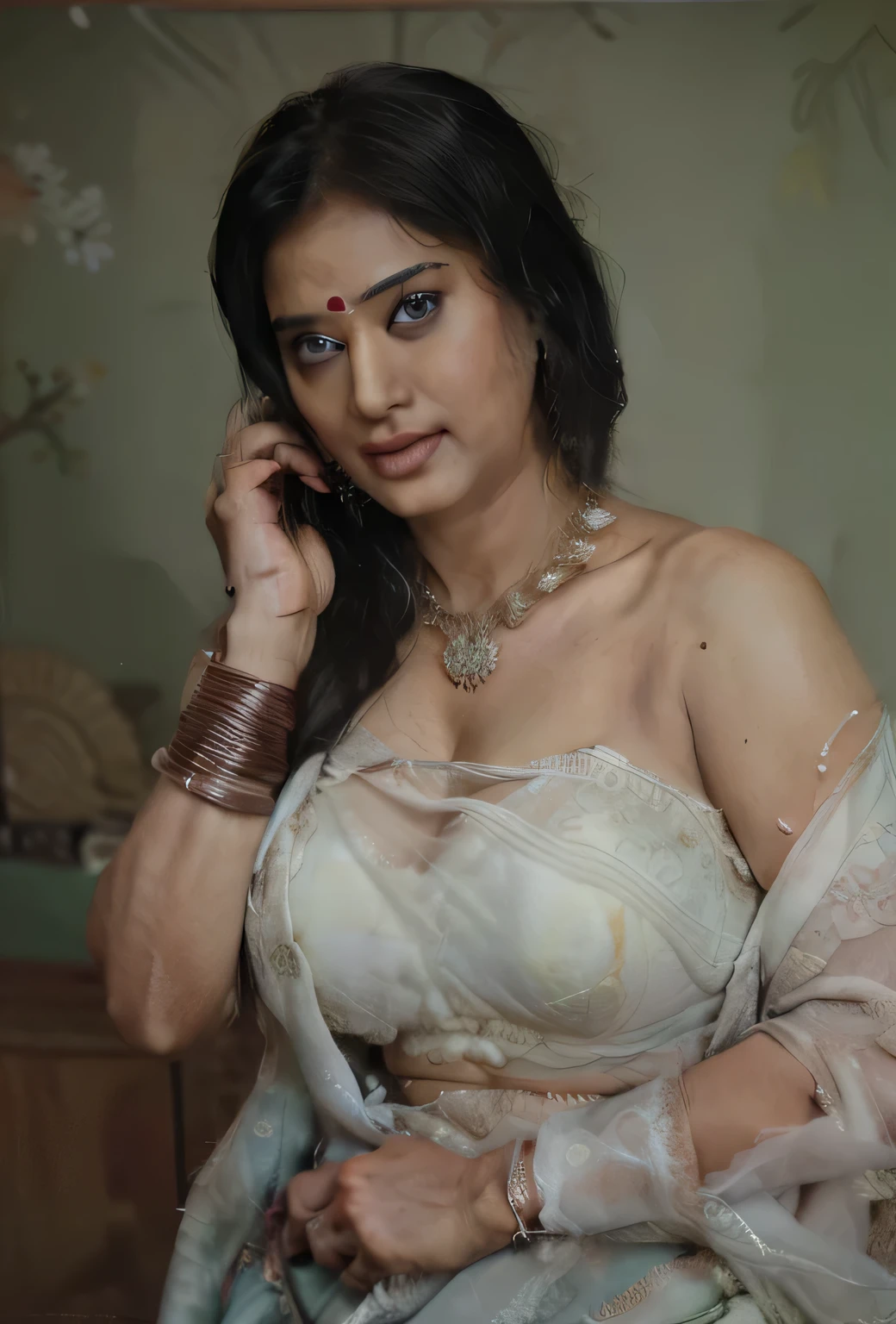 Sexy indian woman in sari talking on a cell phone - SeaArt AI