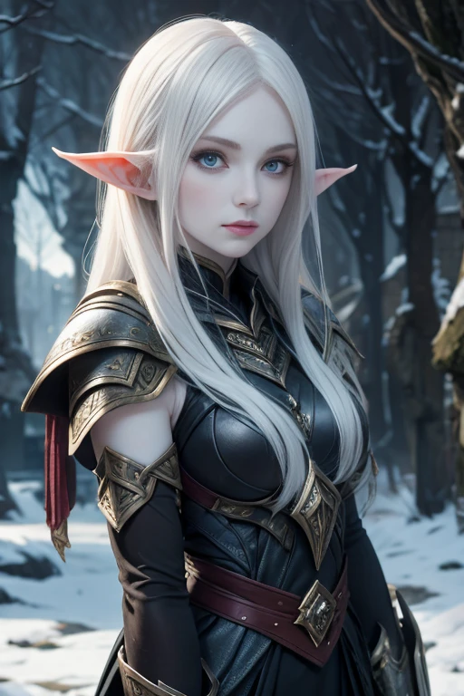 Pale skin, sophisticated, elf, winter armor, glaring at viewer, destroyed village,