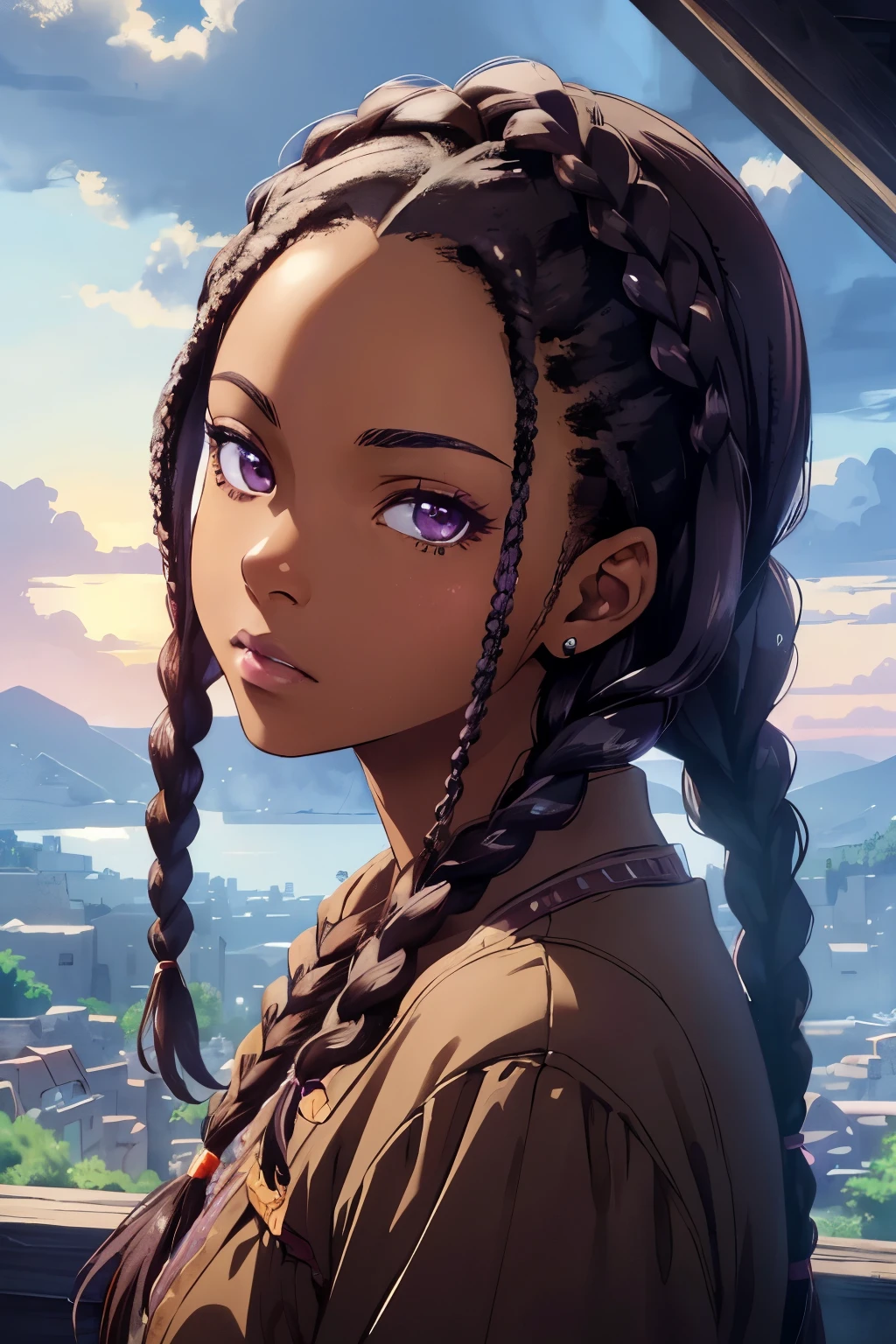 ((best quality)), ((masterpiece)), (detailed), perfect face, purple-brown Eyes, Dark skin, Braids, Box braids, Female, Anime, Cute face, Short height, Dark hair, ultra-detailed, Super detailed, vivid colors, anime, unreal engine 5, studio lighting, Day clouds background, Aesthetic, romantic, Dark skin, Afro, Dark skin
