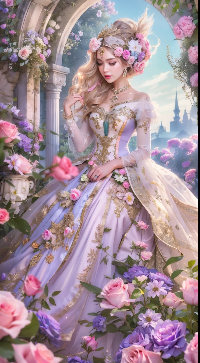 Create a realistic fantasy scene featuring a proud woman in an enchanted pastel garden. She wears a French silk ballgown adorned with ruffles and bows. Her face, highly detailed with soft lips, shines with intricate features and stunning eyes. Surround her with eternal roses in shimmering shades. Add whimsical details like stars, bubbles, and glitter for an enchanting touch. Ensure perfection in her face, hair, and eyes. Incorporate elements of high fantasy, whimsy, and detailed elegance.