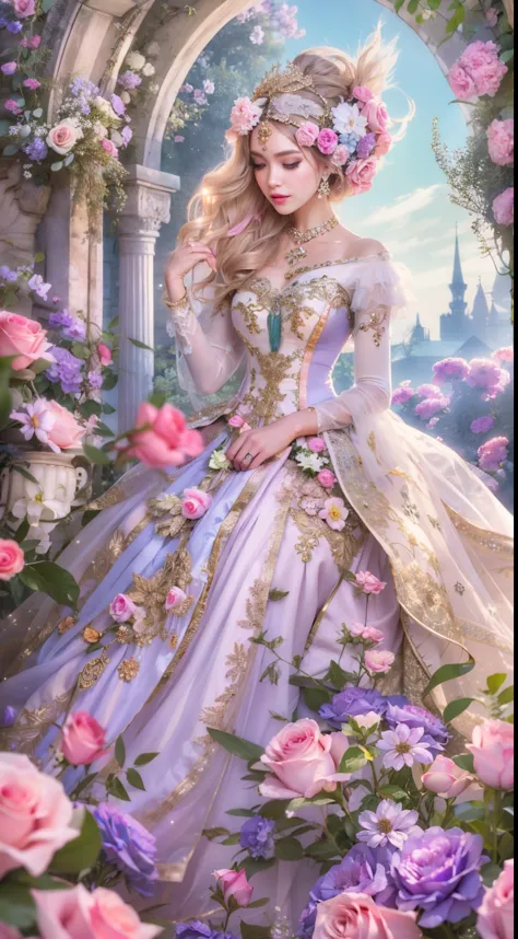 Create a realistic fantasy scene featuring a proud woman in an enchanted pastel garden. She wears a French silk ballgown adorned...
