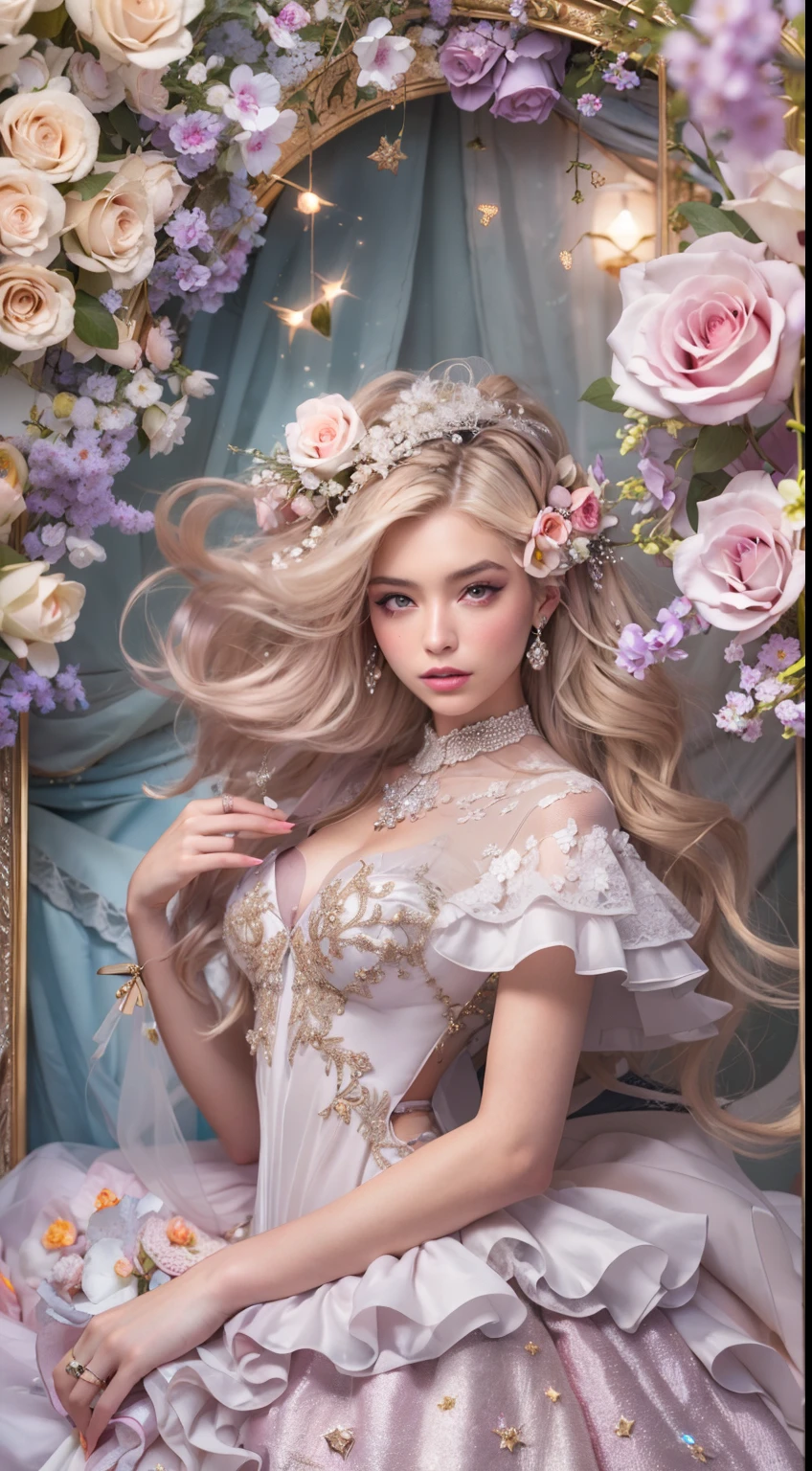 Create a realistic fantasy scene featuring a proud woman in an enchanted pastel garden. She wears a French silk ballgown adorned with ruffles and bows. Her face, highly detailed with soft lips, shines with intricate features and stunning eyes. Surround her with eternal roses in shimmering shades. Add whimsical details like stars, bubbles, and glitter for an enchanting touch. Ensure perfection in her face, hair, and eyes. Incorporate elements of high fantasy, whimsy, and detailed elegance.