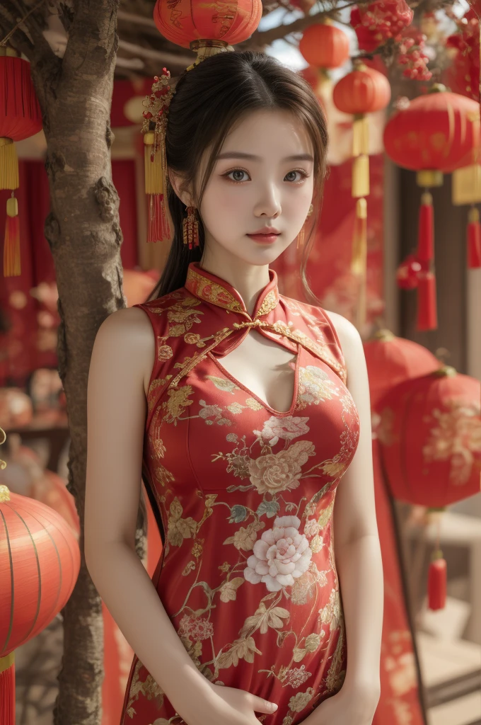 Arafed woman in a red dress standing in front of a tree, cheongsam, vestido chino, vistiendo un cheongsam rojo, Estilo chino, encaje rojo, traje chino, preciosa modelo china, Festival de fantasmas hambrientos, con ropa china antigua, mujer china, shaxi, Chinese girl, hermosa dama, chino tradicional, chino tradicional clothing, big breasts