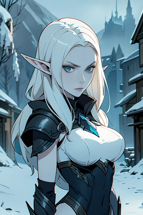 Pale skin, sophisticated, spectre, elf, winter armor, glaring at viewer, destroyed village,