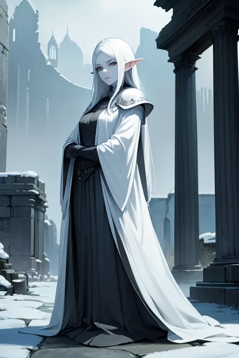 pale skin, sophisticated, spectre, elf, winter armor, glaring at viewer, ancient ruins ,