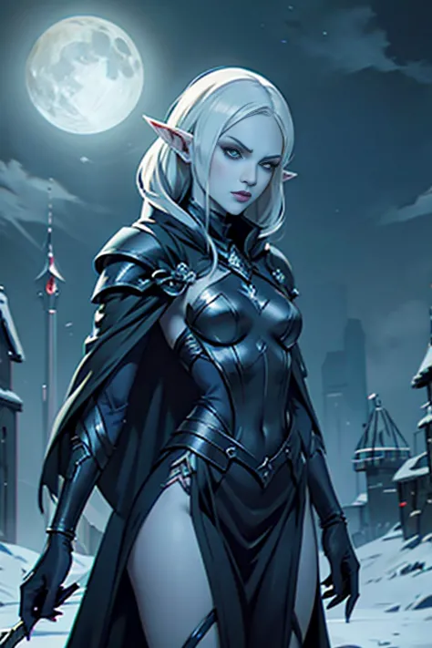 Pale skin, sophisticated, spectre, elf, winter armor, glaring at viewer, destroyed village,