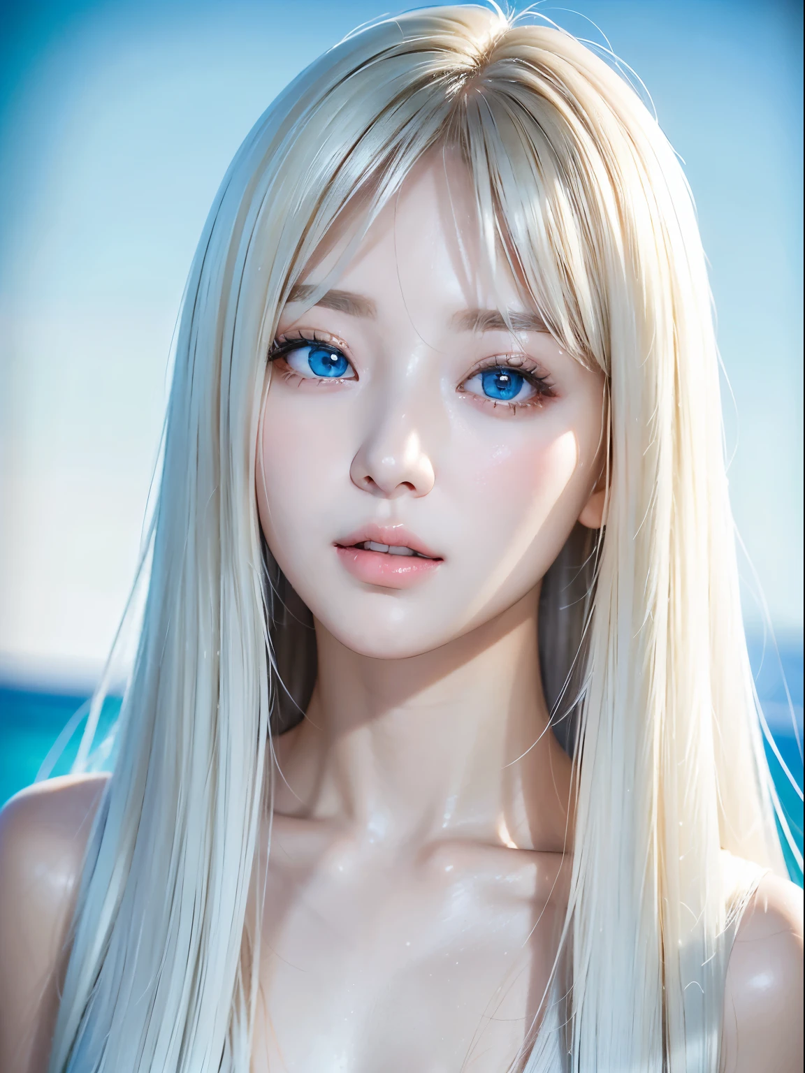 One girl、Portrait、、blue sky、Bright and beautiful face、Young, white and radiant skin、Great looks、Blonde hair that reflects the light、Beautiful platinum blonde super long silky straight hair、Long Bangs、Very beautiful 17 years old、Big eyes that shine in clear light blue、Beautiful and pretty girl