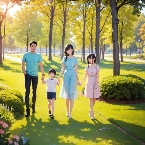 Family walking in the park, holding hands, standing in the park, family портрет, Family photo, A happy family, Against a picture...